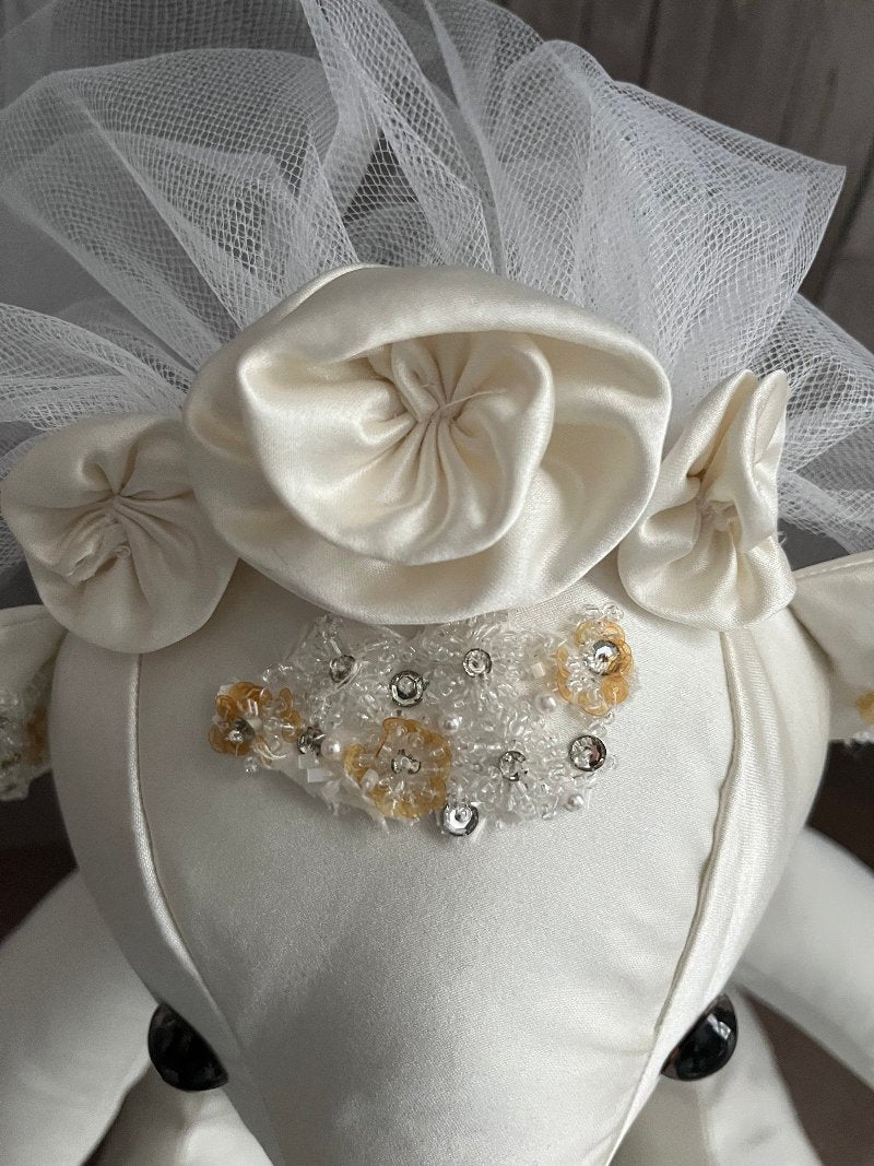 Head of keepsake wedding bears showing close up view of the veil with three rosette flowers.