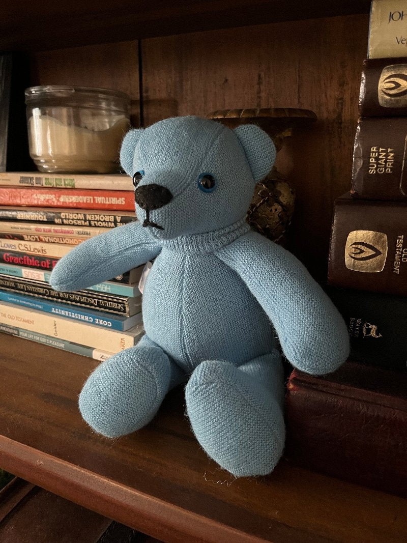 8 inch Mini Memory made from light blue sweater. The bear is sitting on a bookshelf.