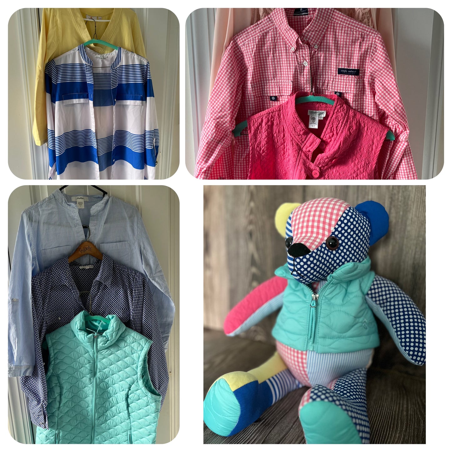 Picture with four frames displaying clothes that were used to make a patchwork memory bear. 18 inch memory bear made from 6 upcycled clothes. The bear is sitting and wearing a light blue zipped up vest. Colors are light blue, pink, blue, and yellow.